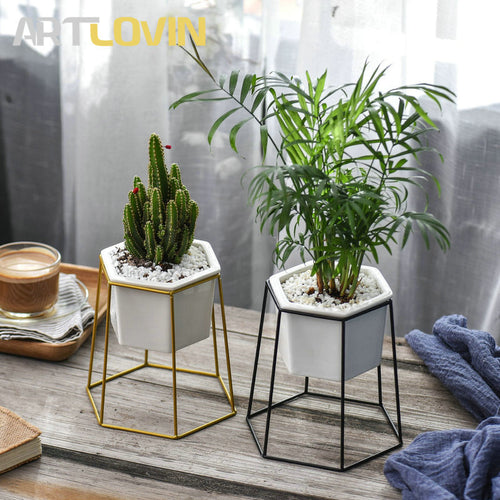 New Garden Supplies Hexagon Ceramic Flower Pot Creative Gold Metal Frame Support Flower Green Plant Home Decorative Nursery Pots